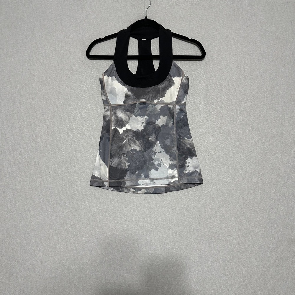 Lululemon Grey White Abstract Print Racerback Tank Top Built-In Bra Size 4